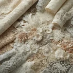 DALL·E 2024-05-01 23.59.40 – A detailed and elegant display of various types of lace fabric, showcasing different patterns and textures. The image should feature an assortment of