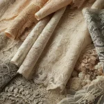 DALL·E 2024-05-01 23.59.40 – A detailed and elegant display of various types of lace fabric, showcasing different patterns and textures. The image should feature an assortment of